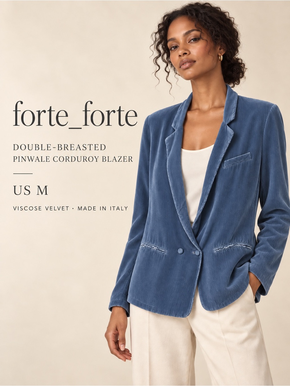 forte_forte Blue Pinwale Corduroy Velvet Double-Breasted Blazer M